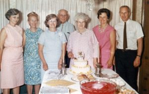 The Stuckey family celebrated Ernst and Ella’s 50th anniversary at their son’s home in Marion in 1967. From left to right: Kathryn (Kay) Erlandson, Virginia (Ginny) Smoot, Lucille (Lucy) Spetnagel, Ernst Stuckey, Ella Stuckey, Barbara (Bobby) Ehrlich, and John Stuckey.